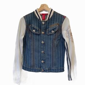 Eckored Ladies Striped Button Up  Denim Jacket